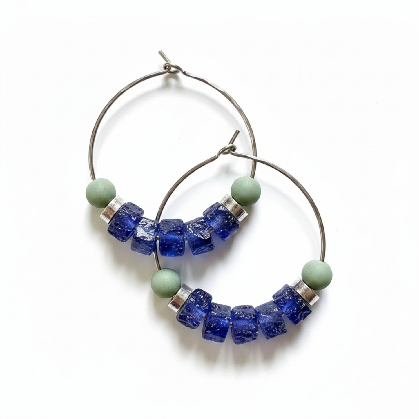 Sterling Silver Hoop Earrings with Cobalt Blue and Sage Green Beads, Beaded Creole Earrings