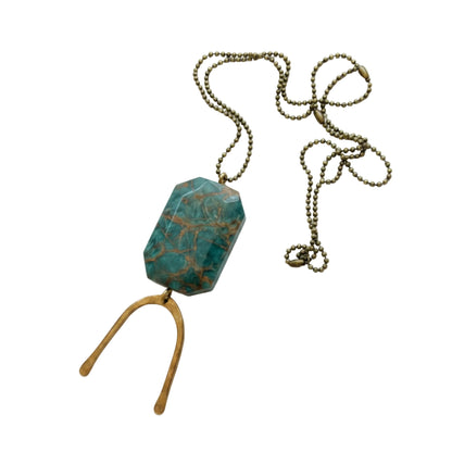 Teal Faceted Gemstone Pendant with Hammered Brass Arc, Long Ball Chain Boho Necklace