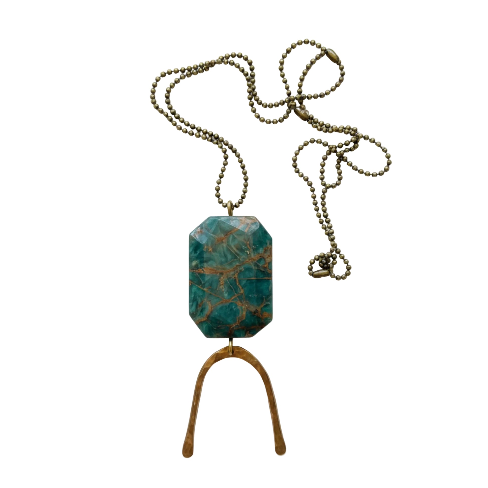 Teal Faceted Gemstone Pendant with Hammered Brass Arc, Long Ball Chain Boho Necklace