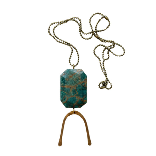 Teal Faceted Gemstone Pendant with Hammered Brass Arc, Long Ball Chain Boho Necklace