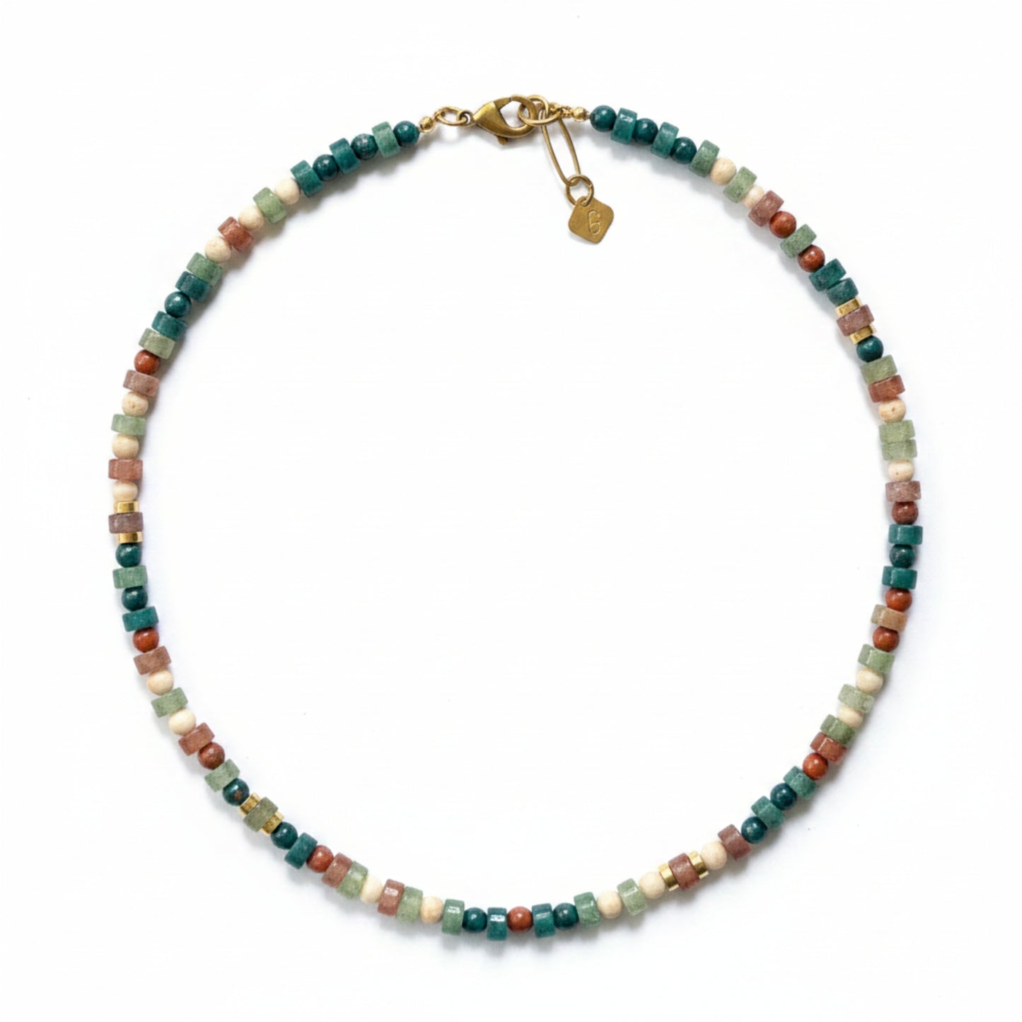 Multicolored Gemstone Beaded Necklace, Teal Green and Red-Brown Jasper Collier with Brass Accents