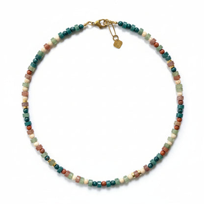 Multicolored Gemstone Beaded Necklace, Teal Green and Red-Brown Jasper Collier with Brass Accents