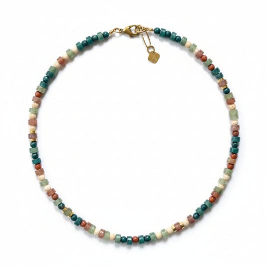 Multicolored Gemstone Beaded Necklace, Teal Green and Red-Brown Jasper Collier with Brass Accents