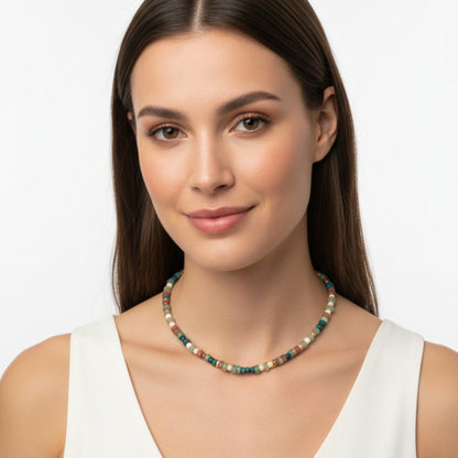 Multicolored Gemstone Beaded Necklace, Teal Green and Red-Brown Jasper Collier with Brass Accents