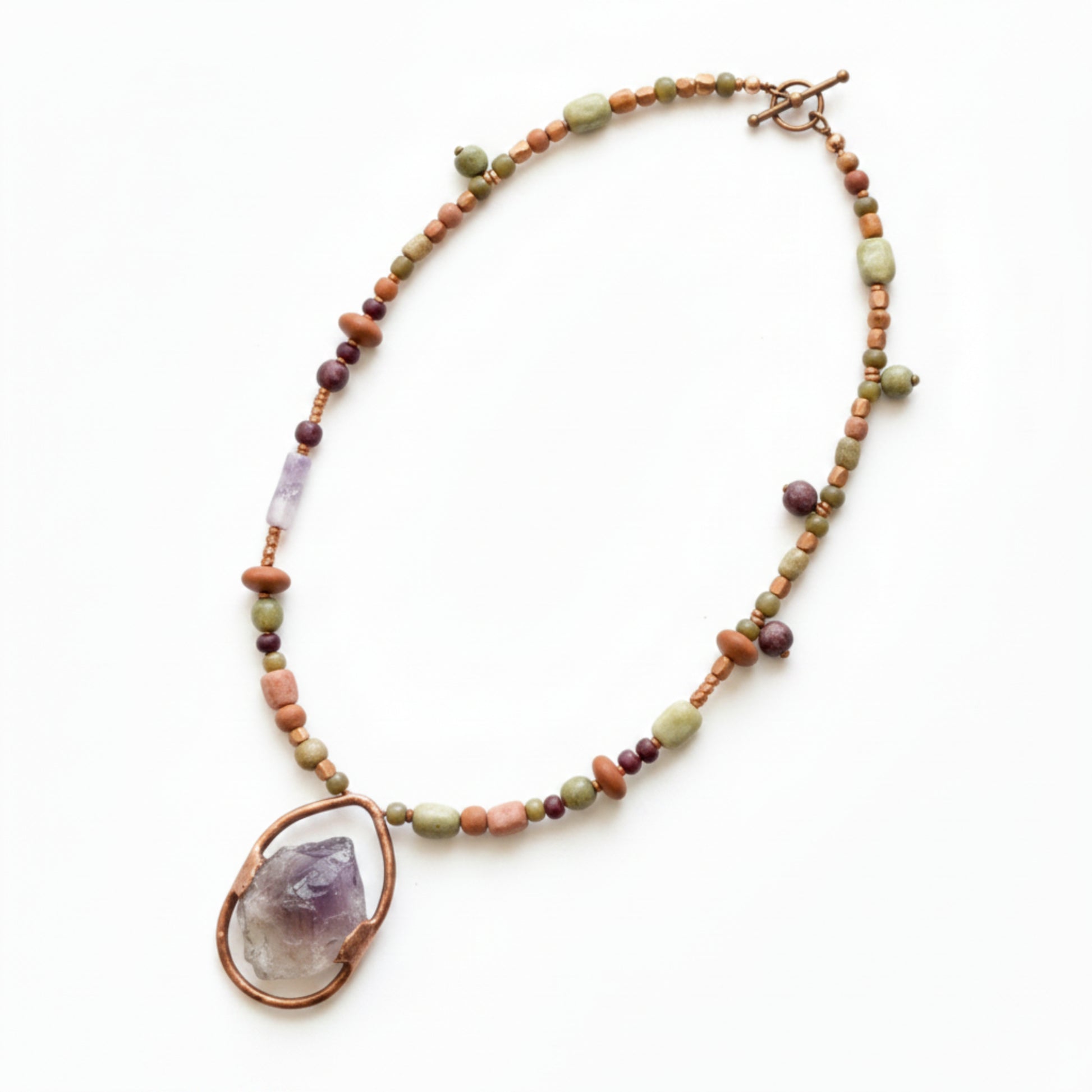 Long Colorful Gemstone and Seed Bead Necklace, Prehnite Pendant on Long Beaded Chain