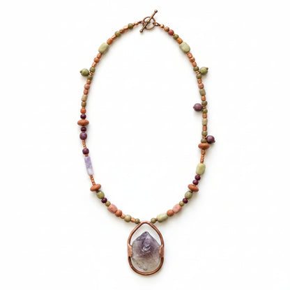 Purple Amethyst and Green Stone Beaded Necklace with Brown and Copper Accents