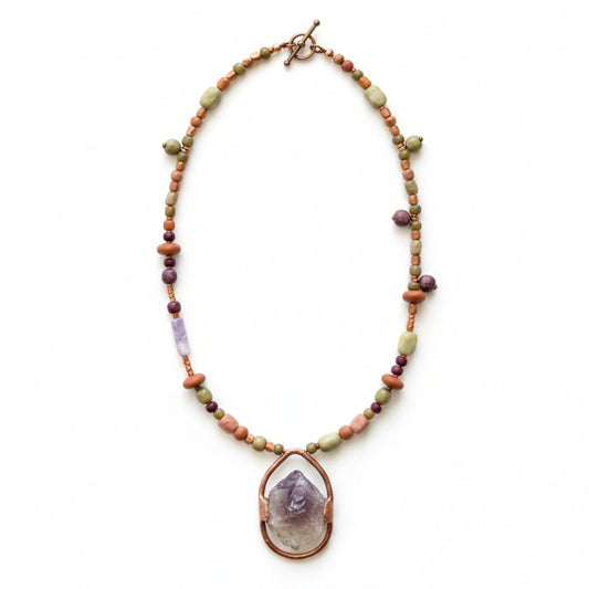 Purple Amethyst and Green Stone Beaded Necklace with Brown and Copper Accents