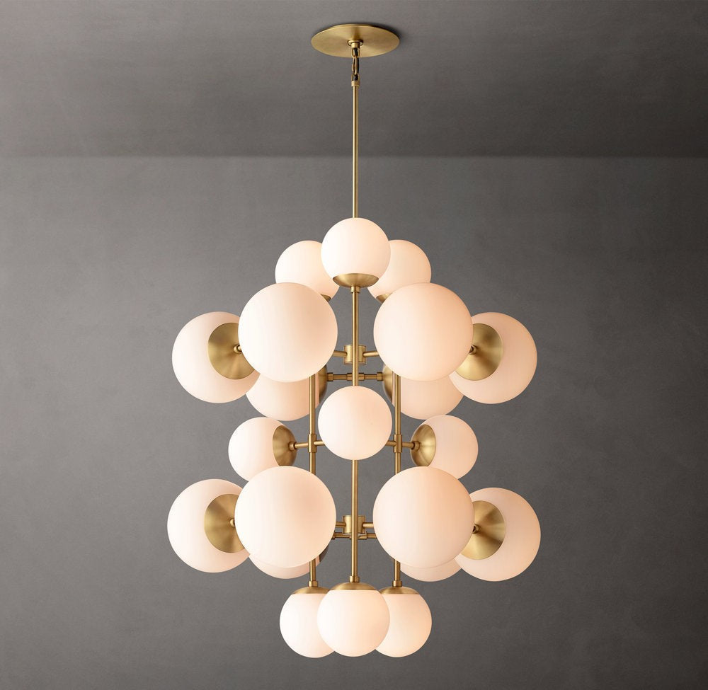 Tall Brass Chandelier with Opal Glass Shades