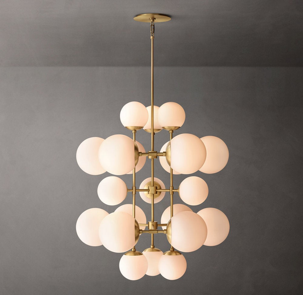 Tall Brass Chandelier with Opal Glass Shades