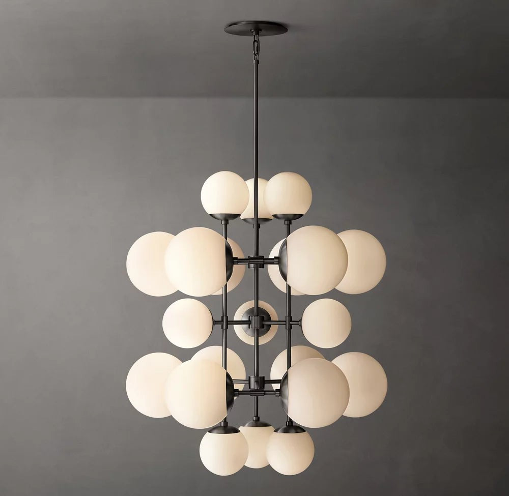 Tall Brass Chandelier with Opal Glass Shades